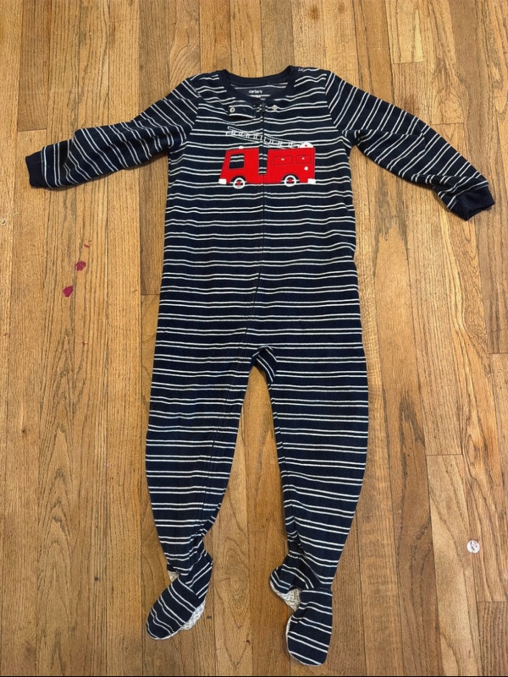 Carter's Navy and White Striped Footed One-Piece with Red Fire Truck